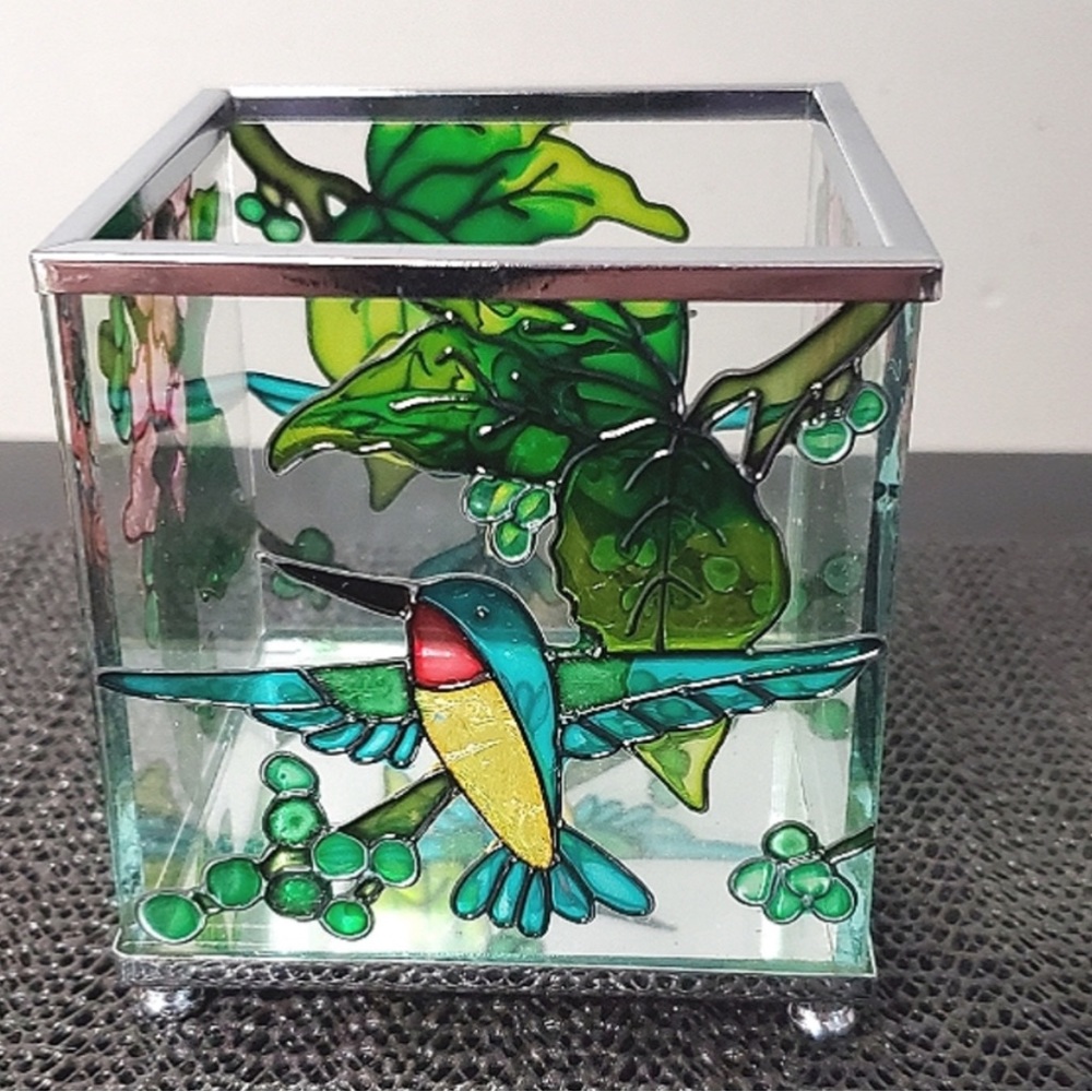 Hummingbird & Floral Glass,  Metal trim candle holder